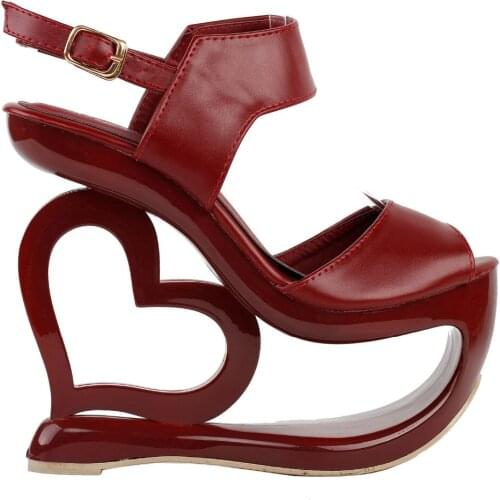 LF40202 Sexy Wine Red Slingback Heart Heel Wedge Prom Platform Sandals Sz 4/5/6/7/8/9/10