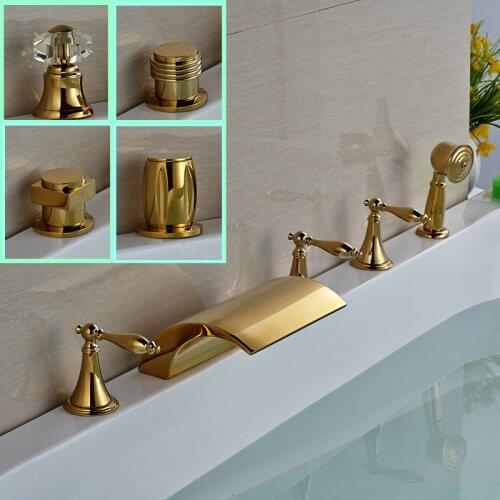 Luxury Widespread Brass Bathtub Faucet 5pcs Golden Tub Mixer Tap with Handheld Shower Deck Mounted