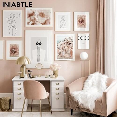 Pink Rose Flower Plant Character Line Coco Poster Print Canvas Painting Nordic Style Wall Art Picture For Living Room Home Decor