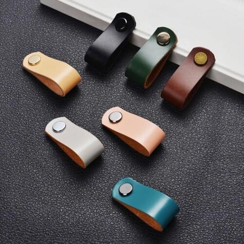 Cowhide Leather Handles For Cabinets And Drawers Brass Pull for Doors Knobs For Kitchen Nordic Vintage Furniture Buttons