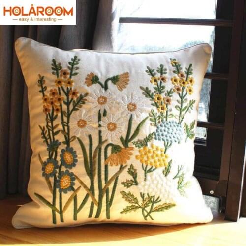 Embroidered European Pastoral Floral Cushion Cover Cotton Chair Sofa Cushion Cover Pillowcase Square Living Room Household Decor