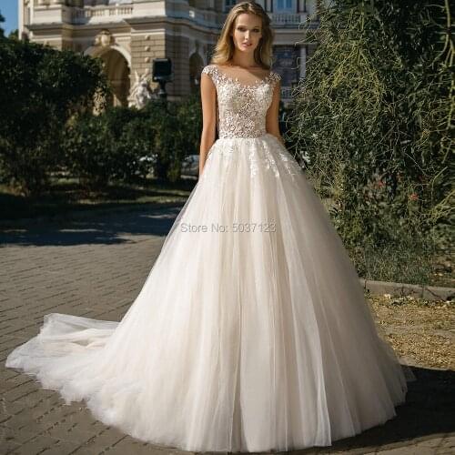 Cap Sleeves A Line Wedding Dresses Scoop Lace Appliques Bridal Wedding Gowns Vestido De Noiva Open Back Custom