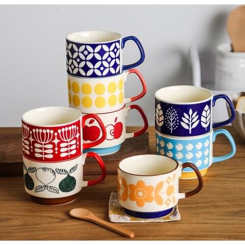 Japan Vintage Handgrip Ceramic Hanging Ear Coffee Cup Milk Coffee Breakfast Cup Printing Cup Stackable Cups Home Drinkware Tool