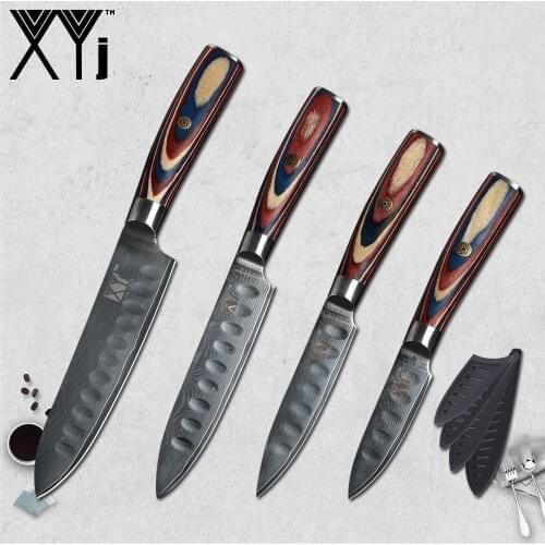 XYj Japanese VG10 Damascus Steel Kitchen Knife High Grade 3" 4" 5" 6" Color Wood Handle Damascus Knife Covers and Knife Holder