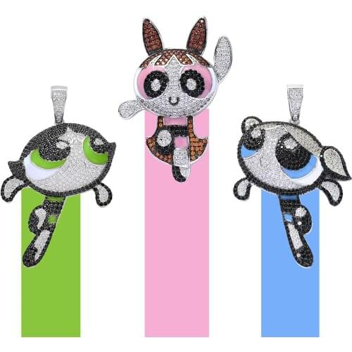 Freewear Powerpuff Girls Hiphop Jewelry Gold Micro Paved CZ Zircon Cartoon Character Blossom Pendant Necklace Iced Out Pendant