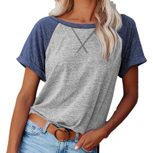 Womens Elegant Shirts Tops Female Color Block Loose T-shirt Short Raglan Sleeve Patchwork Blouse for Summer Plus Size 5 Colors
