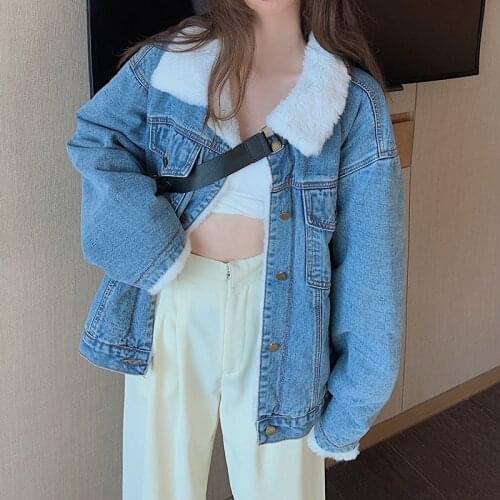 JMPRS Vintage Women Thick Short Denim Jacket Cargo Whiter Velvet Lining Warm Blue Jeans Coats Loose Korean Female Outwear 2021