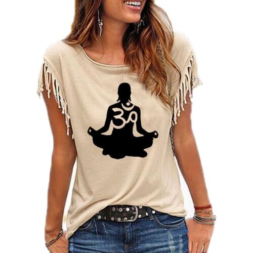Womens Short sleeve Om Aum Silhouette print T-shirt Summer Fashion clothing t shirt womens Cotton Tassel Casual T-shirt