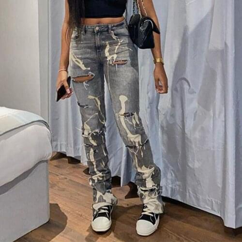 Hollow Out Pant Denim Printed Straight Vintage Y2k Pants For Women Clothing 2021 Chic Harajuku Fairy Grunge Gothic Capri Trouser