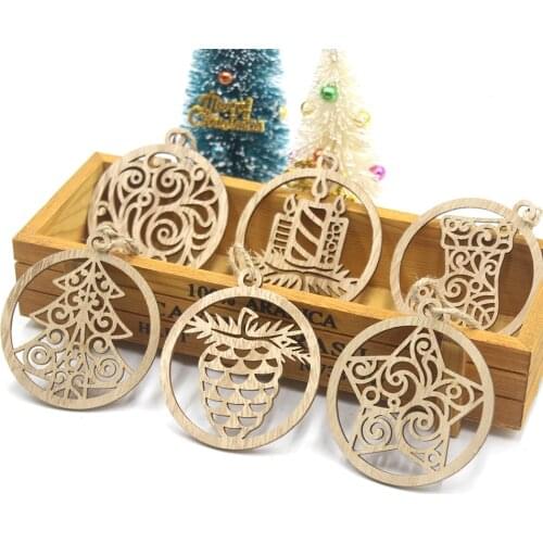 6Pcs Vintage Hollow Round Star Sock Christmas Wooden Pendants Ornaments Wood Crafts Kids Gift For Home Party New Year Navidad