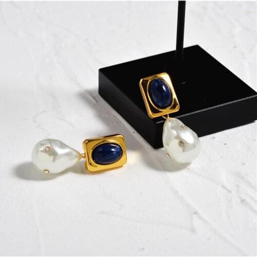 Brand wedding jewelry blue stone with gold metal pearl earrings irreguar drop earrings france brand imitation jewelry