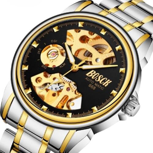 Stainless Steel Mechanical Watches Men Skeleton Gold Watch Automatic Mechanical Mens Watches Waterproof Self-winding date Clock