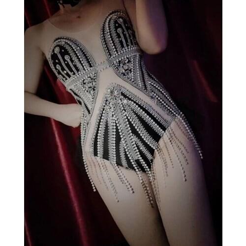 Black Rhinestones Beading Sleeveless Bodysuit Tights Bar Nightclub DJ Pole Dancing Costume Latin Dance Performance Stage Wear