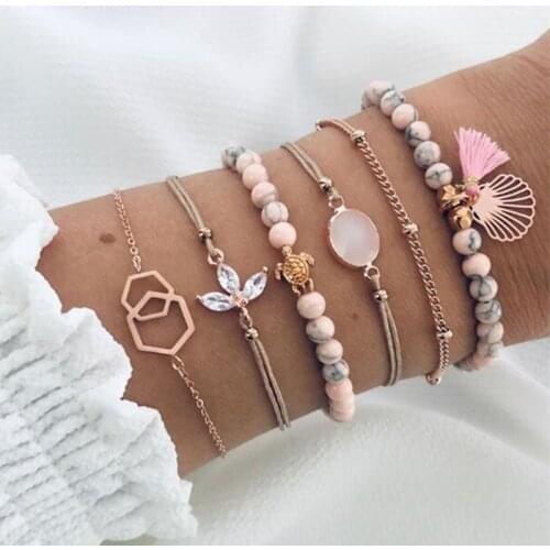 DIEZI Drop Shipping Bohemian Pink Tassel Chain Bracelet Sets For Women Turtle Shell Flower Crystal Beaded Bracelets Jewelry