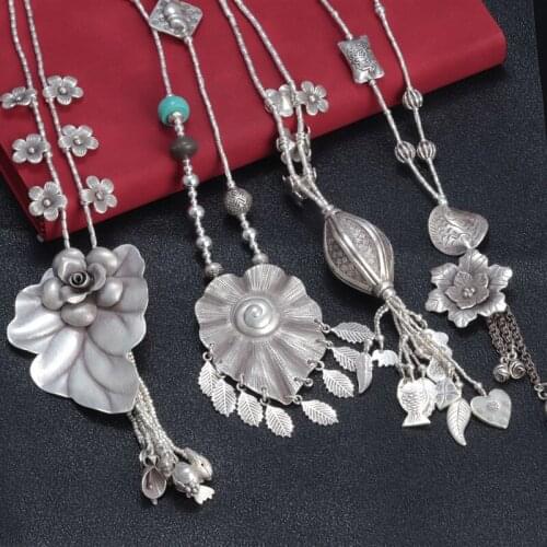 Thai handmade silver long sweater chain real S925 pure silver vintage leaf flower fish pendant women necklace