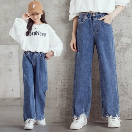 Jeans For Girl Spring High Quality Ripped Wide Leg Pants Teenage Kids Childrens Loose Denim Pants Casual Style Trousers Clothes