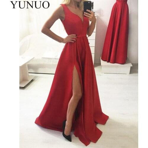 Elegant Long Red Prom Dress Side Split V Neck A Line Floor Length Formal Occasion Dresses 2019 Women Party Gowns Satin N37