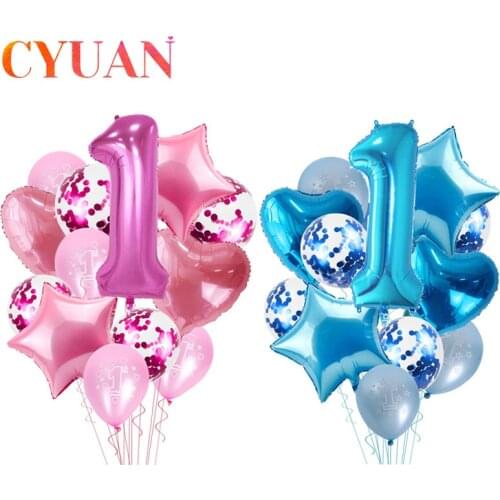CYUAN 1 year Boy Birthday Blue Latex Balloons Confetti Set First 1st Birthday Baby Shower Boy Kids Happy Birthday Balloon