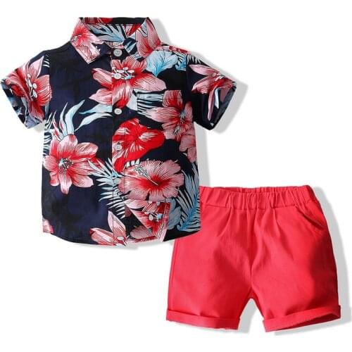 Kimocat Boys Suit Summer Short-Sleeved Flower Print Shirt + Casual Shorts, Childrens Beach Style Holiday Clothing 1-6 Years