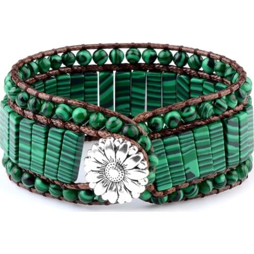 Chanfar hot sale style Malachite Stones Double Leather Wrap Bracelet Beaded Stainless steel flower buckle for men and women