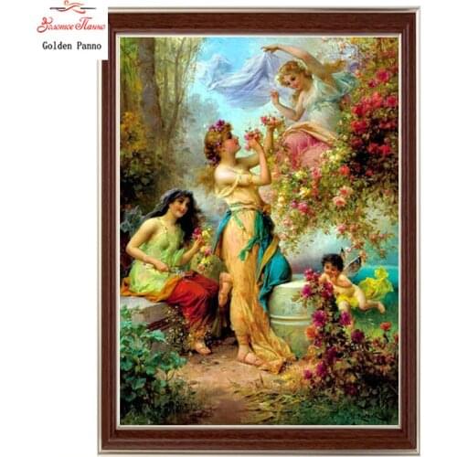Golden Panno,Needlework,DIY DMC Cross stitch,Sets For Embroidery kit 14ct unprinted cotton thread Playful woman Cross-Stitching