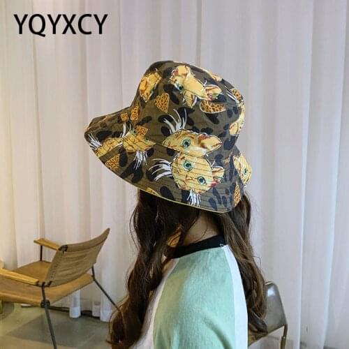 Cartoon Cat Bucket Hat Women Girls Double sided Fisherman Cap Cute Korean Style Sunscreen Sunshade Sun Hat Panama Cap New