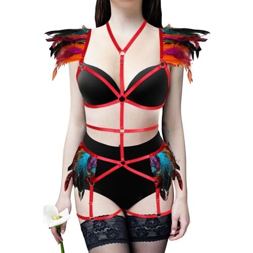 Feather Cage Bra Harness Belt Hollow Out Party Rave Wear Sexy Full Body Harness Women Elastic Stocking Bandage Strappy Bralette
