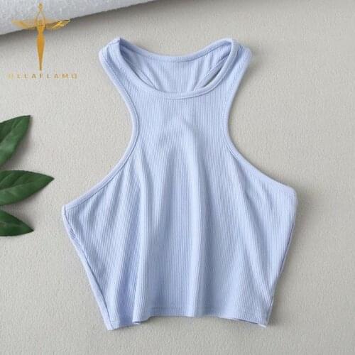Ribbed I-Shaped Bottom Tank Top Womens Summer Sleeveless Short Vest Solid Color Slim Halter White Crop Tops Womens Clothing
