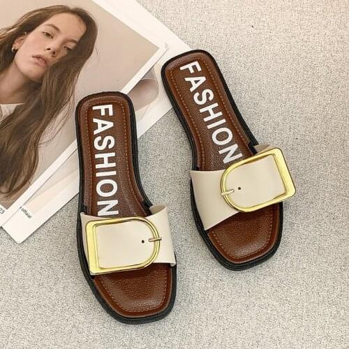 2021 Summer Square Toe Flat Sandals Womens Slippers Ladies Casual Sandals Outdoor Flat Slides Woman Summer Beach Slippers