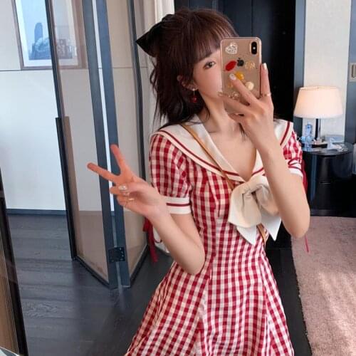 Cute Pink Plaid Dresses Womens Summer Korean Sailor Collar Slim Student Dress Vestidos Free Shipping