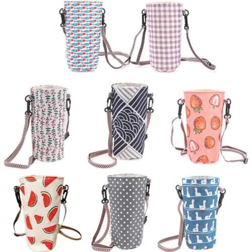 Water Bottle Storage Bag Cotton And Linen Canvas Simple Water Cup Bag Portable Lanyard Cute Messenger Bag Milk Tea Cup Holder