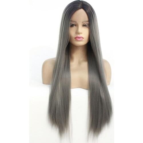 Dark Roots Ombre Grey Color Long Straight Synthetic Lace Front Wig For Black Women Glueless Heat Resistant Fiber Cosplay Wigs