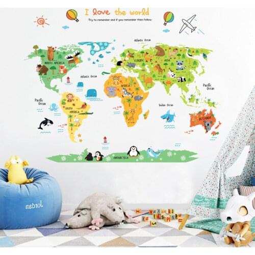 Animal World Map Vinyl Wall Stickers Self Adhesive Wall Decal Kids Room Decor Aesthetic Peel and Stick Study Room Art Poster