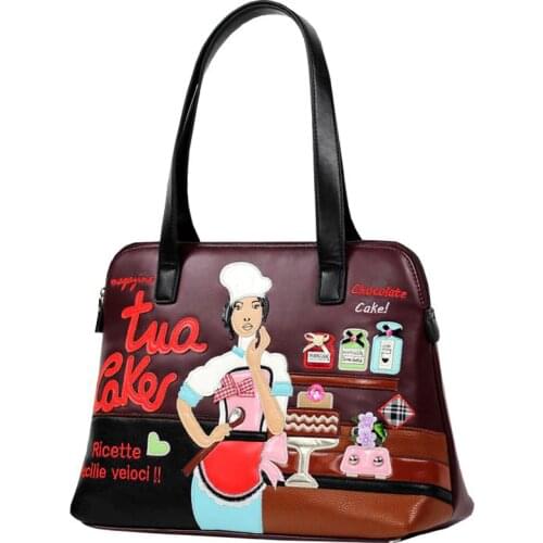 Women Shoulder Bags Leather Patchwork Embroidery Messenger Bag Handbags Totes Braccialini Style Art Cartoon Cake Master Beauty