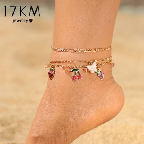 Bohemian Fruit Cherry Anklets Set For Women Girls Cute Pink Butterfly Snake Anklet Foot Ankle Bracelet Beach 2021 Jewelry