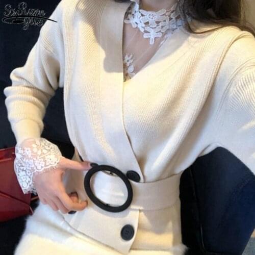 New Fashion V-neck Belt Short Retro Chic Top 2021 Autumn Winter Double-button Knitted Sweater Jacket Office Lady Style 11717