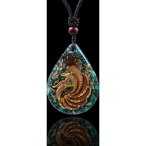 Phoenix Fire Bird Necklace Natural Malachite Energy Healing Crystal Orgone Pendant Necklace Jewelry For Women