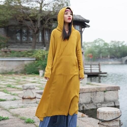 Johnature Women Hooded Cotton Linen Dresses Long Sleeve Kangaroo Pocket Vintage Robes 2021 Spring New Solid Color Female Dress
