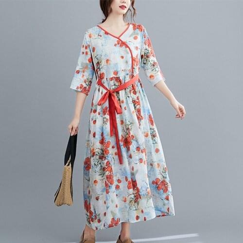Half Sleeve Loose Summer Autumn Dress V-neck Sashes High Waist Women Dress Print Floral Vintage Dress Female Casual Midi Dress