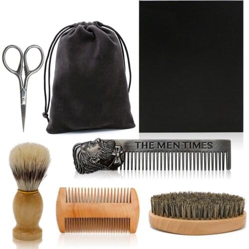 7 Pcs/Set Professional Men Beard Brush Comb Set Boar Bristle Hair Brush Facial Shaving Brush Beard Brush Shaving Tool Barber Kit