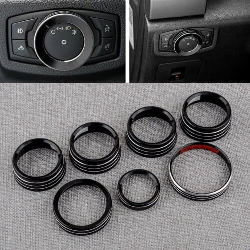7Pcs/Set Car Black Headlight Volume Air Condition Switch Knob Ring Cover Trim Fit For Ford F150 2019 2018 2017 2016