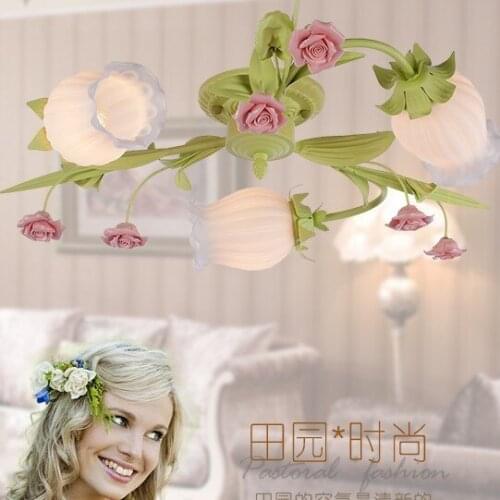 European-style garden living room Romantic Restaurants white wrought iron pink ceramic flowers glass lampshade Ceiling Lamp c125