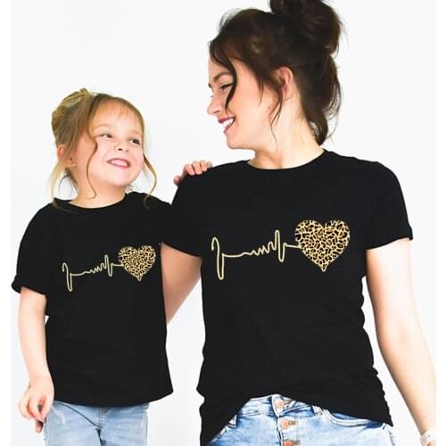 Mommy and Me Leopard Heartbeat T shirt 2020 Mother Daughter Matching Family Outfits T-shirt Christmas Clothes,Drop Ship