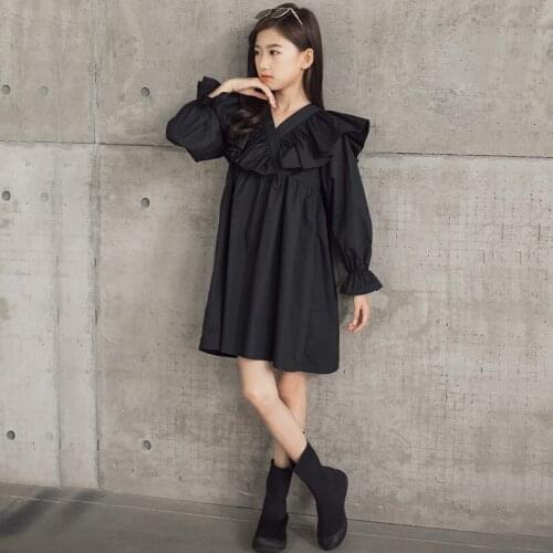 6 To 16 Years Girls Cotton Dress Teen Kids Ruffles Dresses Long Sleeve Autumn 2021 New V-neck Baby Princess Clothes Ruched,#6481