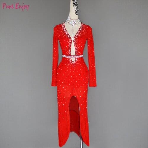 Customized Latin dance performance competition dress women adult high-end red sexy hollow Latin dance Tassel Rhinestone dress