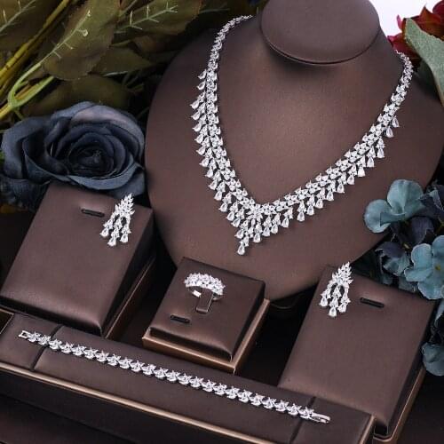 Janekelly 4pcs Bridal Zirconia Full Jewelry Sets For Women Party, Luxury Dubai Nigeria CZ Crystal Wedding Jewelry Sets