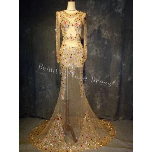 Multi-color Crystals Respective Long Train Dress Super luxurious Big Tail Dress Evening Costume Wedding Celebrate Prom Dress