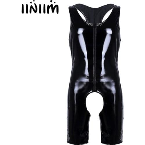 Mens Lingerie Latex Teddies Catsuit Gay Patent Leather Sexy Bodysuit Wetlook with Zipper Sissy Crotchless Cut Out Body Stocking