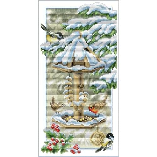Cross Stitch Stamped Kits Printed Embroidery Cloth Needlepoint Kits Easy Patterns for Birds Enjoying the Cold Winter