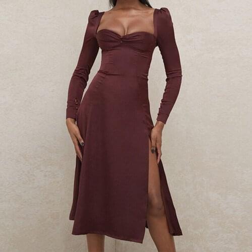 Women Autumn Gorgeous High Split Midi Dress Party Club Strapless Solid Dresses Female New Fashion Casual Long Sleeve Red Dress